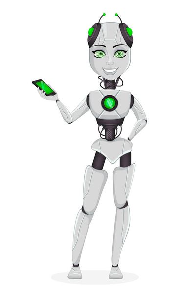 Robot con intelligenza artificiale, robot femmina. Carino personaggio dei cartoni animati in possesso di smartphone. Organismo cibernetico umanoide. Concetto futuro. Illustrazione vettoriale
 - Vettoriali, immagini
