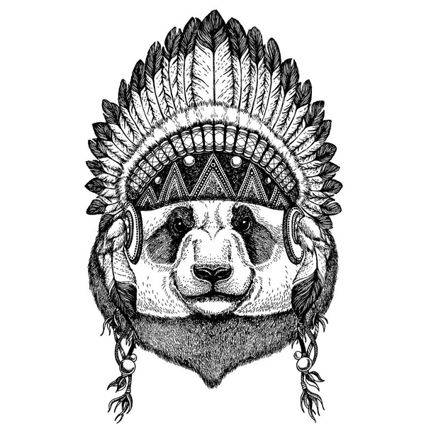 Panda, μπαμπού αρκούδα. Άγρια ζώα φορώντας inidan κόμμωση με φτερά. Boho chic στυλ εικονογράφηση για τατουάζ έμβλημα, σήμα, λογότυπο, patch. Παιδικά ενδύματα - Διάνυσμα, εικόνα
