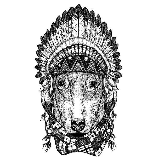Dog, wild dog. Wild animal wearing inidan headdress with feathers. Boho chic style illustration for tattoo, emblem, badge, logo, patch. Children clothing - Vector, Image