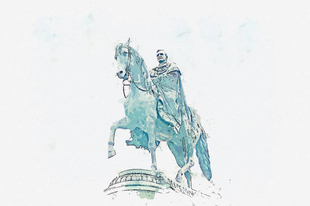 Акварельный набросок или иллюстрация. Статуя короля Иоганна Саксона в Дрездене, Германия
 - Фото, изображение