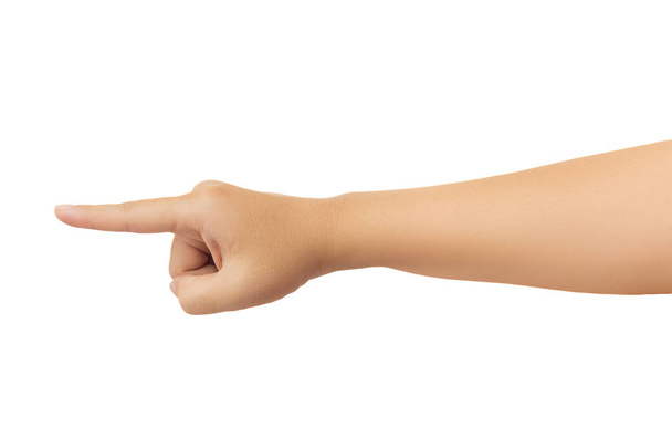 Menselijke hand in de wijzer van de wijsvinger, touch, strike iets of opdracht gebaar isoleren op witte achtergrond met een uitknippad, hoge resolutie en lage contrast voor retoucheren of grafisch ontwerp - Foto, afbeelding