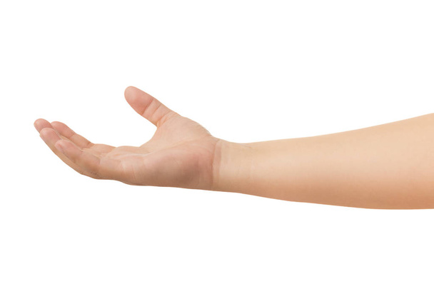 Mano humana en extender la mano y recoger gesto aislar sobre fondo blanco con camino de recorte
 - Foto, Imagen