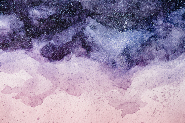 full frame image of night sky painting with purple and pink watercolor paints background - Photo, Image