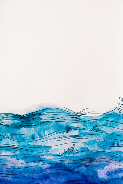 白い背景の青い水彩絵の具製海の波 ロイヤリティフリー写真 画像素材