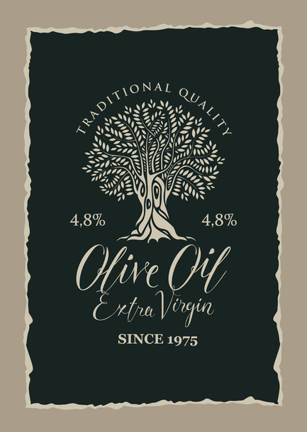 Vektorbanner oder Etikett für natives Olivenöl extra mit dekorativem Olivenbaum und handschriftlichen Inschriften auf dunklem Hintergrund in einem zerlumpten Rahmen im Retro-Stil. - Vektor, Bild