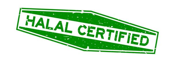 Grunge verde halal palabra certificada sello de goma hexágono sobre fondo blanco
 - Vector, Imagen