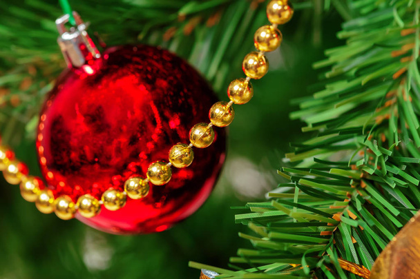 Christmas tree with ornaments, close-up - Фото, изображение