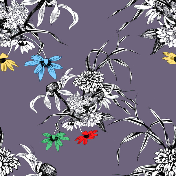 pattern with beautiful colorful wildflowers - Fotoğraf, Görsel