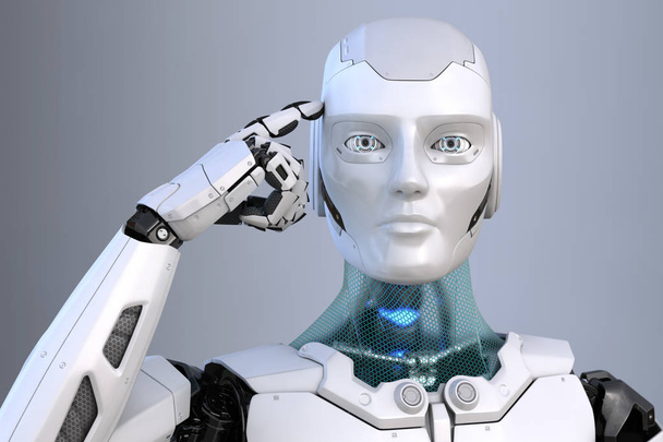 Roboter hält Finger in Kopfnähe. 3D-Illustration - Foto, Bild