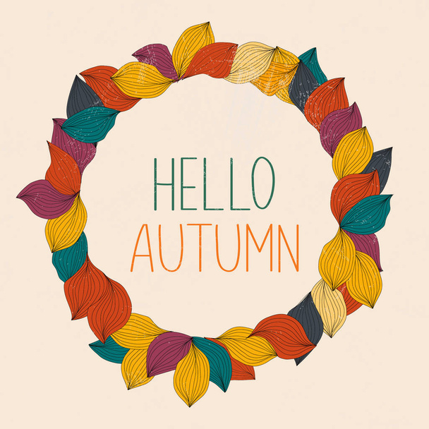 Vector illustration of hello autumn poster with colorful autumn leaves in circle - Вектор,изображение