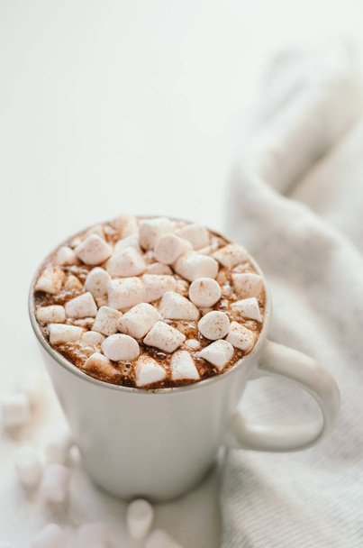 Hot cocoa with marshmallow, cinnamon warm cozy light plaid on white table. - Photo, Image