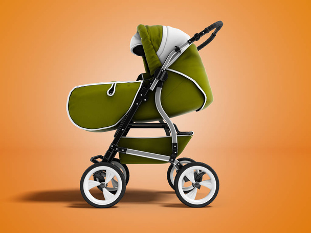 Moderne groene baby wandelwagen transformator all-season 3d render op oranje achtergrond met schaduw - Foto, afbeelding