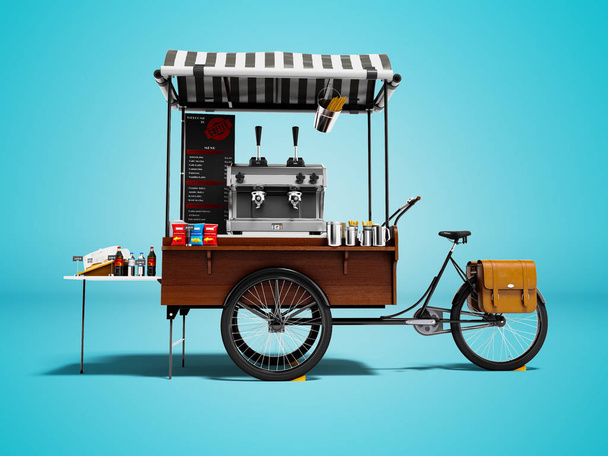 ポータブル コーヒーハウス シャドウと青色の背景の公園 3 d レンダリングで販売のコーヒーを自転車に - 写真・画像