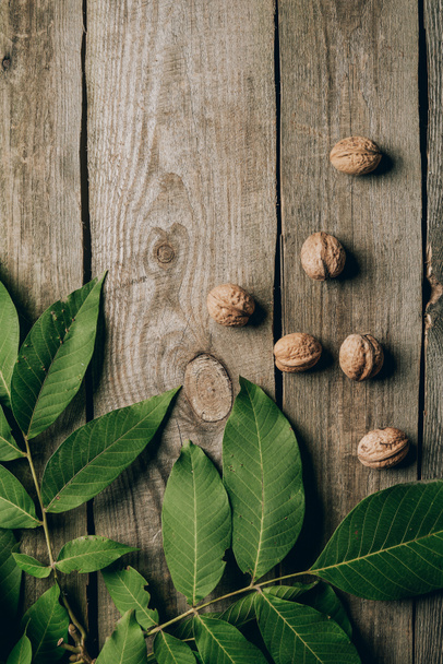 top view of whole organic walnuts and green leaves on wooden table - 写真・画像