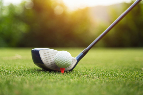 Гольф мяч на зеленой траве готов быть поражен в гольф-клуб, закрыть в гольф-карты в Таиланде
 - Фото, изображение