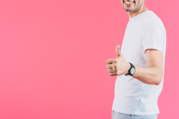 cropped image of smiling man showing thumb up isolated on pink - Fotoğraf, Görsel