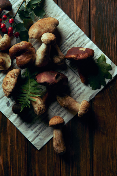 fresh picked edible mushrooms on newspaper and fern on wooden table  - Фото, зображення