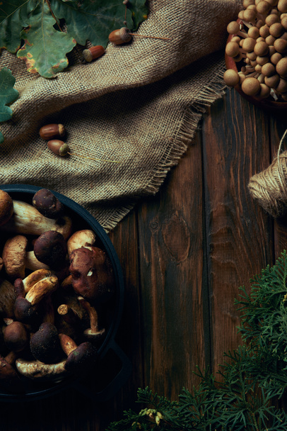 vista superior de champiñones comestibles recién recogidos en sartén y tazón, saco y cuerda en mesa de madera
 - Foto, imagen