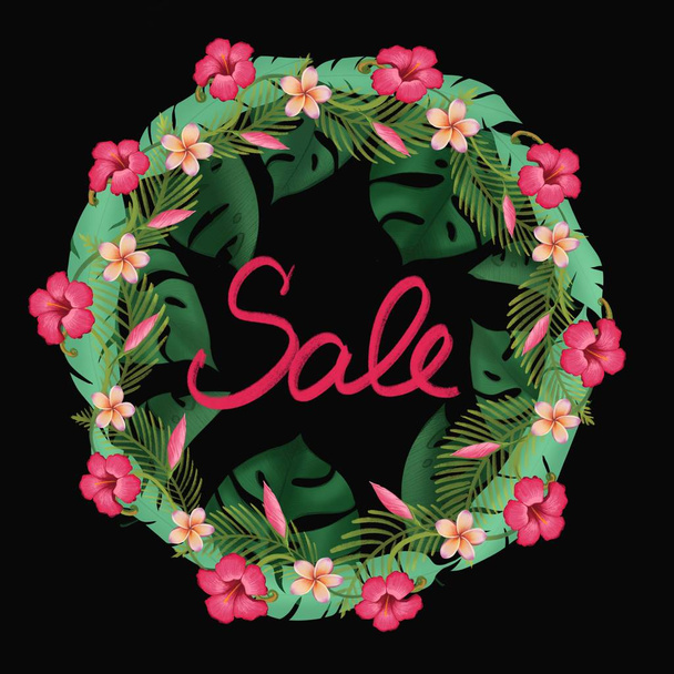 Sale banner illustration with tropical leaves background.Template design - Photo, Image