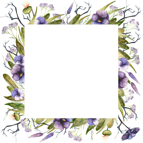 Acuarela marco de Halloween de calabaza y flores silvestres
  - Foto, Imagen