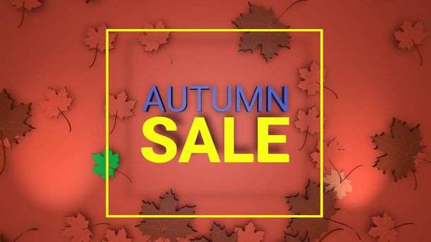 Autumn sale banner, 3d render paper colourful tree leaves on red background.  - Photo, Image