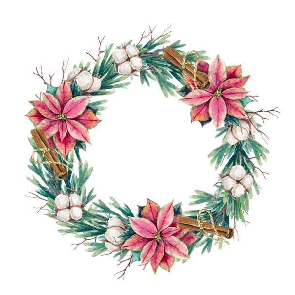 Watercolor holiday wreath of fir with poinsettia flowers, cotton branches and cinnamon on a white background - Foto, immagini