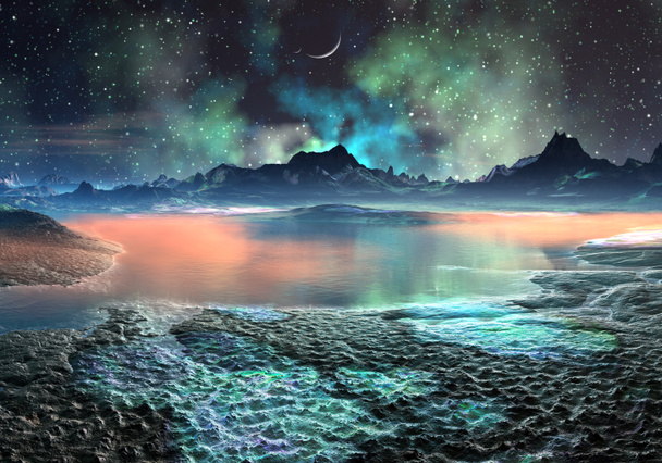 jezero a hory na vzdálené planetě - Fotografie, Obrázek