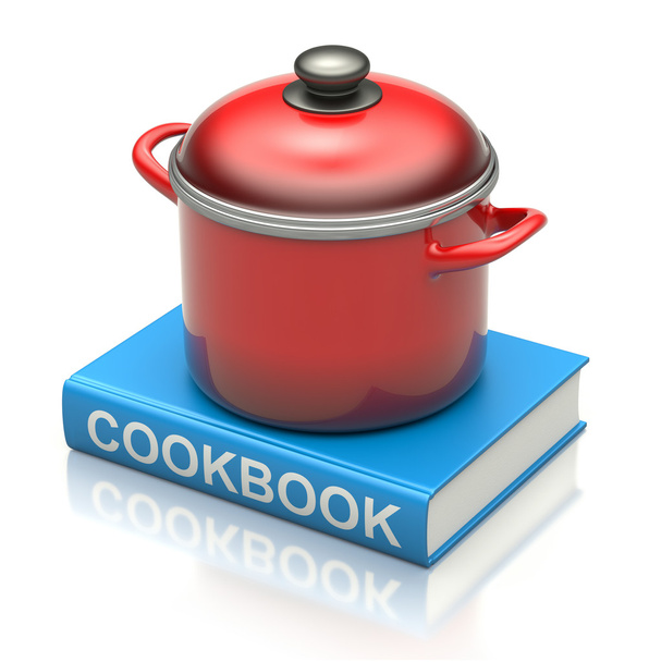 kookboek en rode pan - Foto, afbeelding