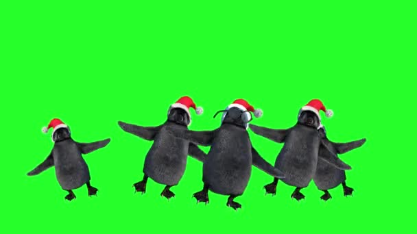 pingüinos de dibujos animados bailando vestidos con sombreros de Navidad sobre fondo verde
 - Metraje, vídeo