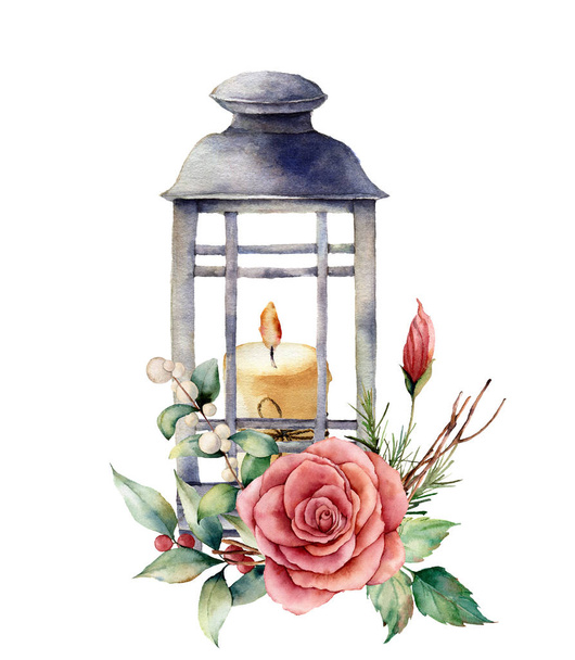 Lanterne aquarelle avec bougie et décor de vacances. Lanterne traditionnelle peinte à la main avec rose et plante isolée sur fond blanc. Pour la conception ou l'impression
. - Photo, image
