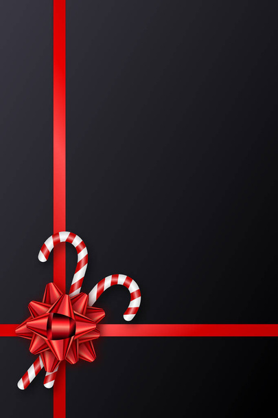 Holiday Christmas gift card with red bow and candy canes. Template for a banner, poster, invitation - Вектор, зображення