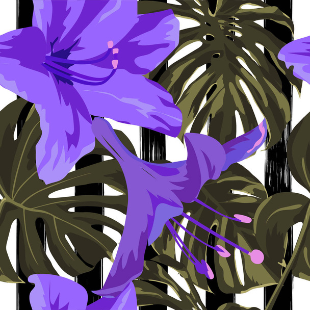 Tropical Print. Jungle Seamless Pattern. Vector Tropic Summer Motif with Hawaiian Flowers.  - Vektori, kuva