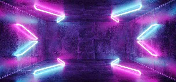 Futuristische Sci-Fi moderne ruimteschip Club partij donkere concreet kamer met pijl blauwe en paarse gloeiende Neon vormige buizen 3d Rendering van illustratie - Foto, afbeelding