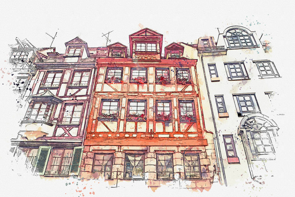 水彩スケッチやドイツのニュルンベルクで伝統的なドイツ建築のイラスト - 写真・画像