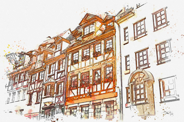 Um esboço aquarela ou uma ilustração da arquitetura tradicional alemã em Nuremberga, na Alemanha
 - Foto, Imagem