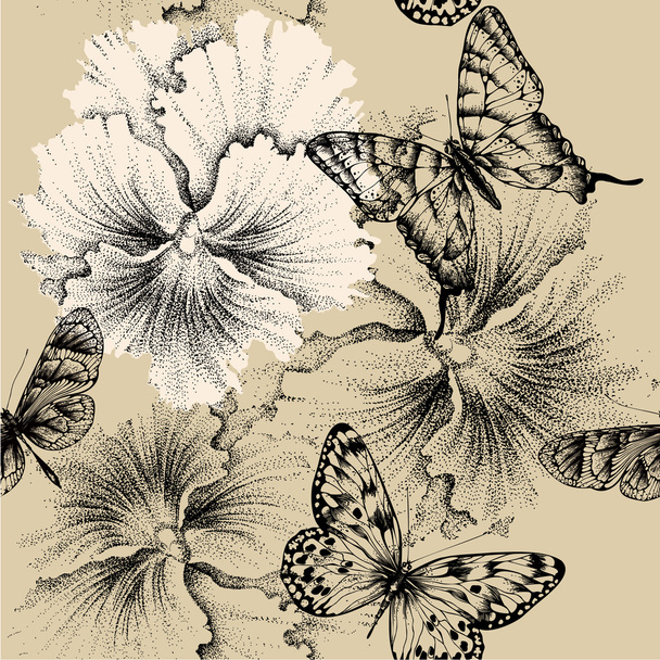 Seamless pattern with pansies and butterflies. Vector illustrati - Vector, Image