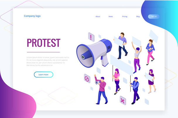 Isometric crowd of people protesters. Male and female protesters or activists. Holding banners and placards. Men and women taking part in political meeting, parade or rally. Vector illustration - Vector, Image
