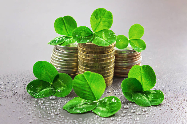 Stacks of Russian coins with clover leaves on a gray background with droplets of water. St.Patrick 's Day - Fotoğraf, Görsel