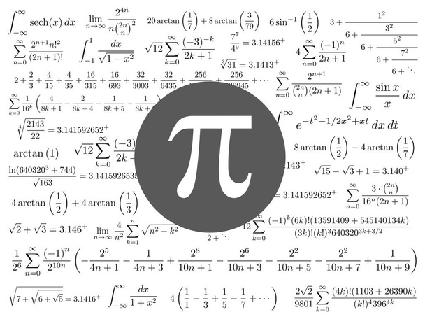De Pi symbool wiskundige constante werkt met irrationele getallen, Griekse letter en vele formules achtergrond - Foto, afbeelding