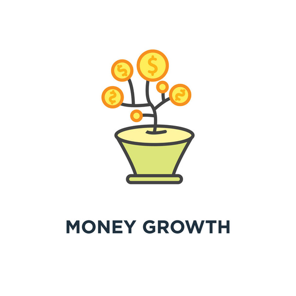 икона роста денег, милый мультфильм счастливые денежные деревья, золотой доллар валюты растут из цветочного горшка, бизнес-инвестиции,, инвестиции, рука положить золотую монету в качестве семян в цветочный горшок
 - Вектор,изображение