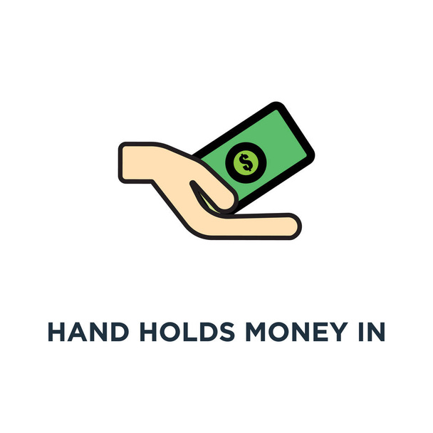 hand holds money in cash, payment or transaction icon. salary, financial and life style design, concept symbol design, donation, wages, loan, giving or offering, business vector illustration - Vektor, Bild