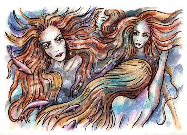 Deniz kızları. Sualtı yüzme deniz kızları. Elle çizilmiş şekil. Suluboya resim - Fotoğraf, Görsel