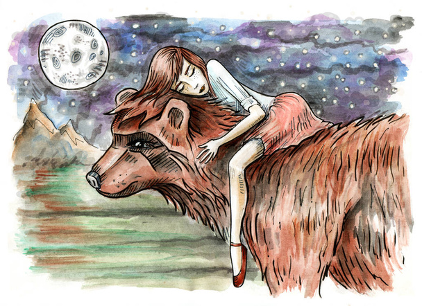 Menina dormindo em um urso. Cena de noite de fantasia. Ilustração desenhada à mão. Pintura aquarela
 - Foto, Imagem