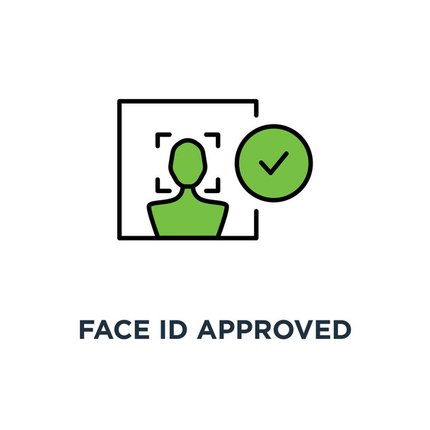 face id approved green icon, symbol of gaining access to smart phone or personal information and facial recognition program concept simple trend modern faceid logotype graphic design on white - Vector, Image