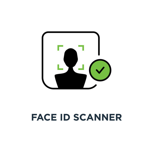 顔 id スキャナー チェック マーク アイコン、シンボルの顔スキャンのあなたの携帯電話のロックを解除し、人アクセス承認コンセプト スタイル トレンド シンプルなロゴタイプ デザイン - ベクター画像