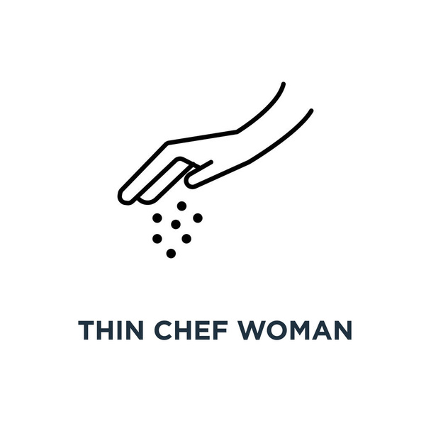 delgada mano de chef mujer con icono de sal, símbolo de una persona brazo rociado especias o alimentación concepto de pescado lineal dibujo estilo tendencia moderno diseño de arte gráfico negro
 - Vector, imagen