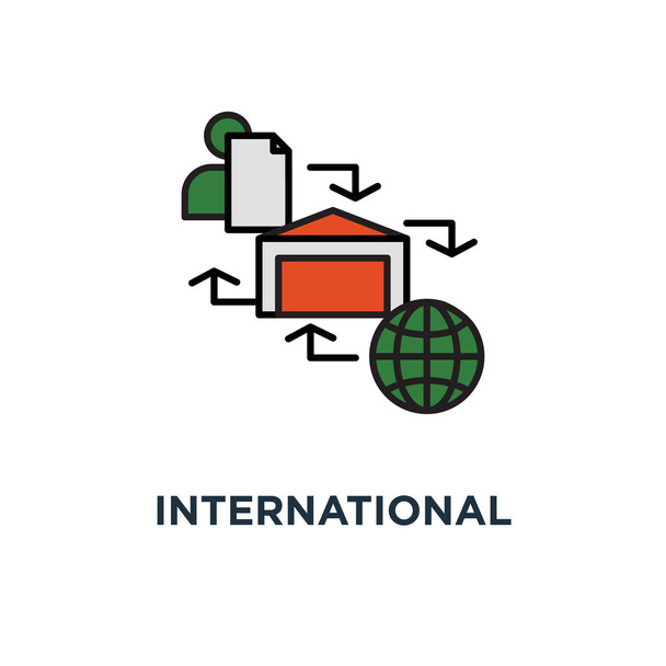 nemzetközi küldemény szállítás ikonra. globális szállítási program, ellátási lánc, raktározás ipar koncepcióterv szimbólum, szállítási szolgáltatások, nyomon követése érdekében, világszerte szállítás üzleti, elosztó raktár vektoros illusztráció - Vektor, kép
