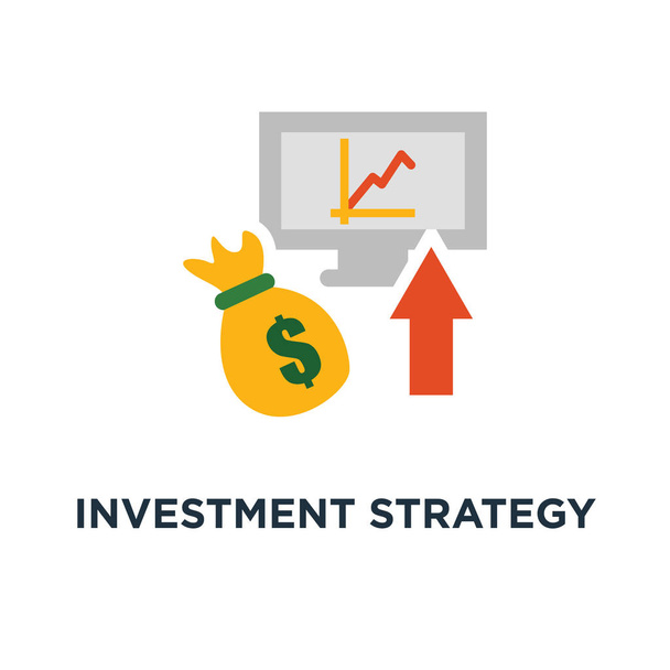 investment strategy icon. financial analysis, interest rate, capital growth, data review on desktop concept symbol design, hedge fund, venture business, mutual fund, trust management vector illustration - Vector, Image