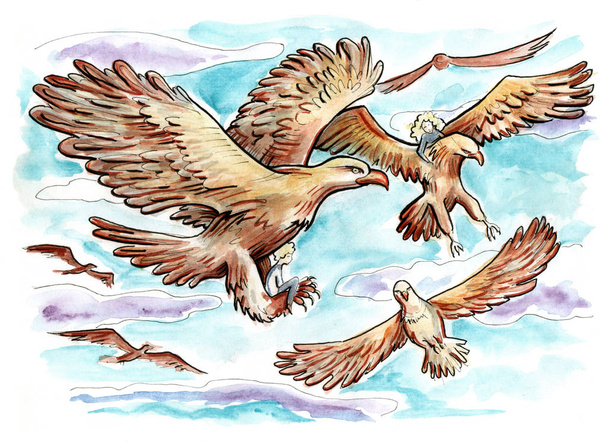 Eagles flying on the sky. Fantasy scene. Hand drawn illustration. Watercolor painting - Photo, Image