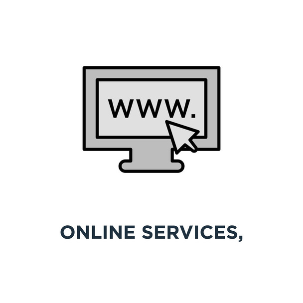 çevrimiçi hizmetler, web tasarım, yeni Web sitesi tanıtım, e simgesi. Ticaret ve pazarlama, Internet sağlayıcınıza laptop imleç, konsept sembol tasarımı, vektör çizim - Vektör, Görsel